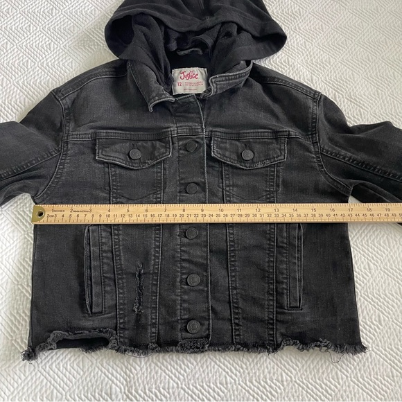 Justice Denim Hooded Jean Jacket Raw Hem Pockets Stretch Size 12 - Picture 3 of 7